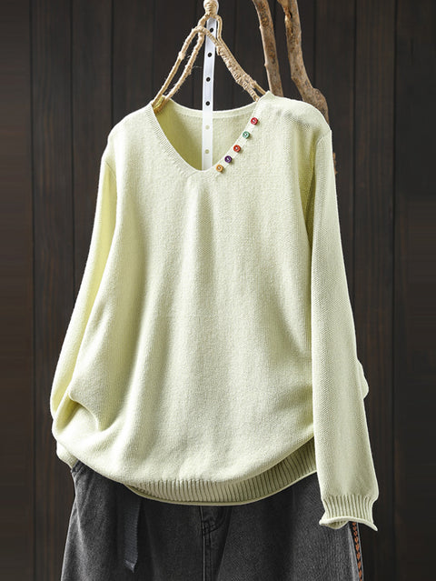 Women Autumn Casual Pure Color V-Neck Sweater