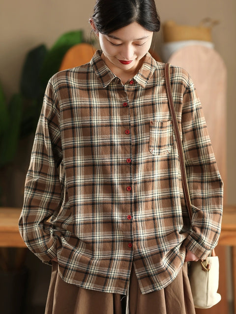 Women Autumn Cotton Turn-down Collar Plaid Shirt