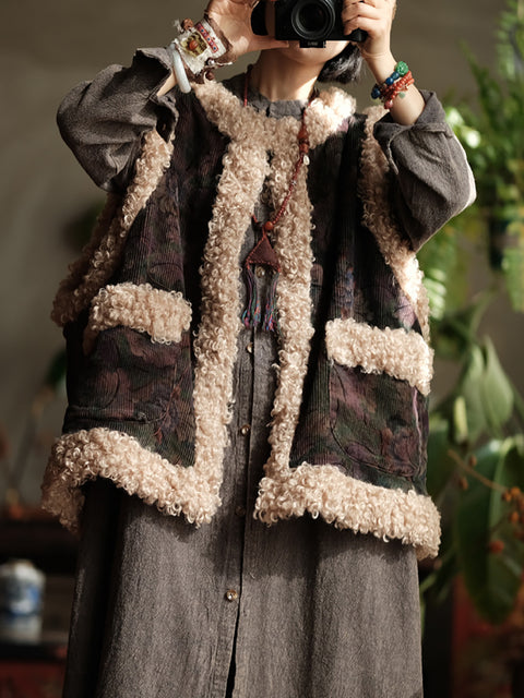 Women Retro Flower Corduroy Fleece Spliced Vest Coat