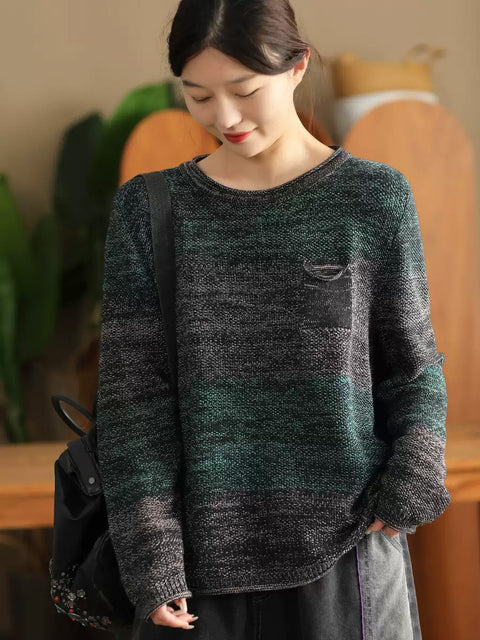 Women Autumn Colorblock O-Neck Cotton Sweater