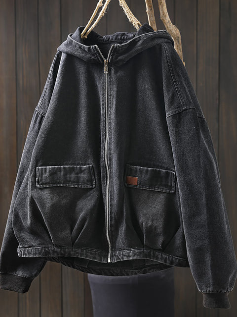 Women Vintage Spring Denim Hooded Coat