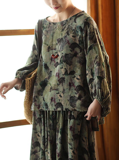 Women Spring Artsy Flower O-Neck Cotton Linen Shirt