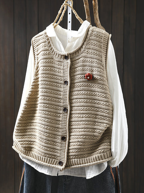 Women Spring Pure Color Knit O-Neck Cardigan Vest