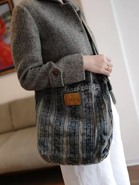 Women Retro Washed Denim Stripe Tote Bag Shoulder Bag