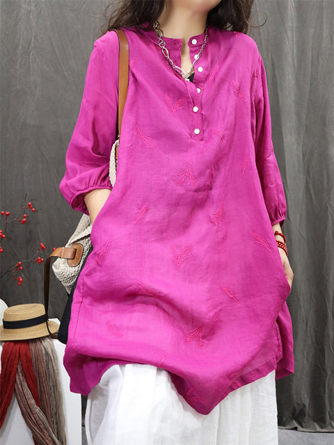 Women Spring O-Neck Embroidery 100%Ramie Long Shirt