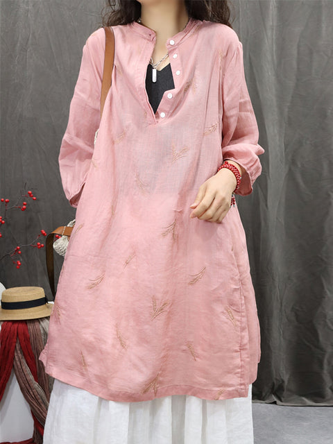 Women Spring O-Neck Embroidery 100%Ramie Long Shirt