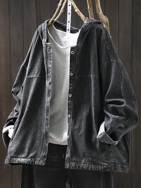 Women Spring Pure Color Denim Hooded Shirt