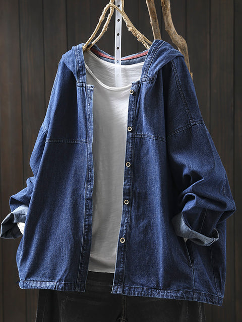 Women Spring Pure Color Denim Hooded Shirt