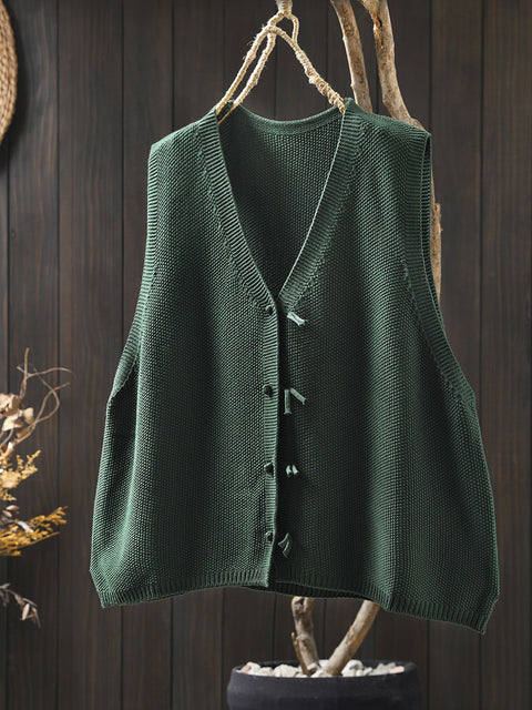 Women Spring Pure Color Knit V-Neck Cardigan Vest