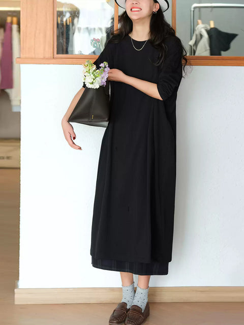 Women Spring Casual Pure Color O-Neck Loose Dress