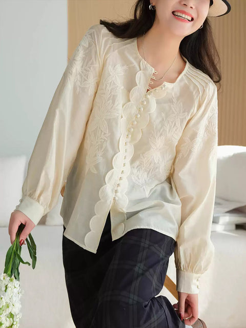 Women Spring Flower Embroidery O-Neck Shirt