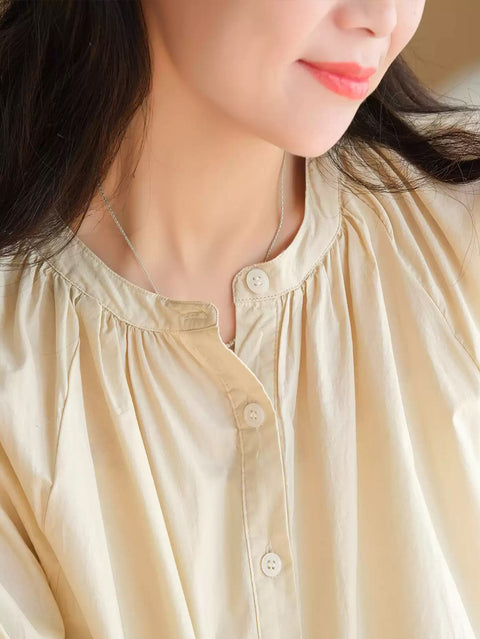 Women Spring 100%Cotton O-Neck Pure Color Shirt