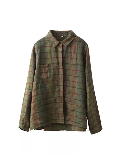 Women Spring Plaid Turn-down Collar Linen Shirt