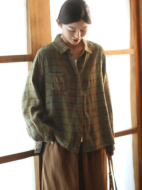 Women Spring Plaid Turn-down Collar Linen Shirt