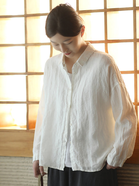 Women Spring Pure Color Turn-down Collar Linen Shirt