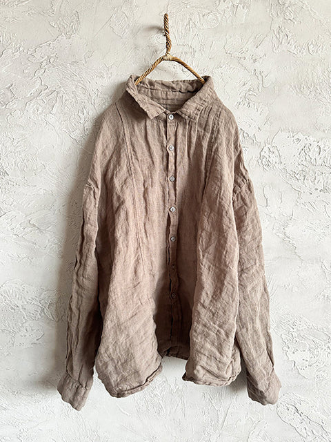 Women Spring Pure Color Turn-down Collar Linen Shirt