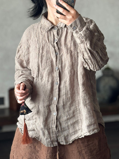 Women Spring Pure Color Turn-down Collar Linen Shirt