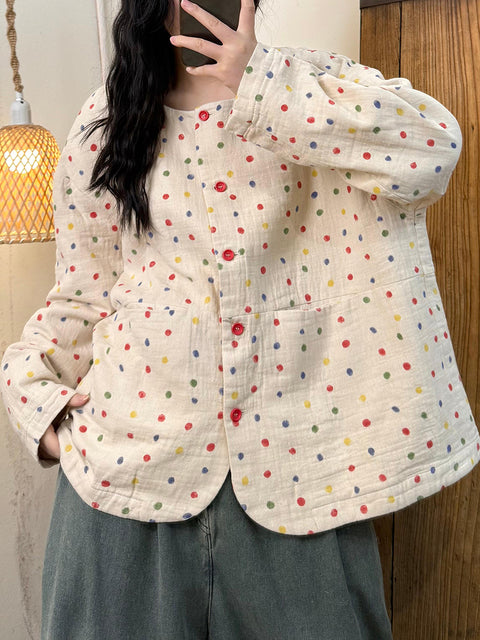 Women Spring Cotton Colorful Dot O-Neck Shirt