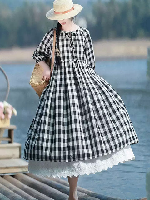 Women Winter Casual Plaid O-Neck Cotton Linen Dress