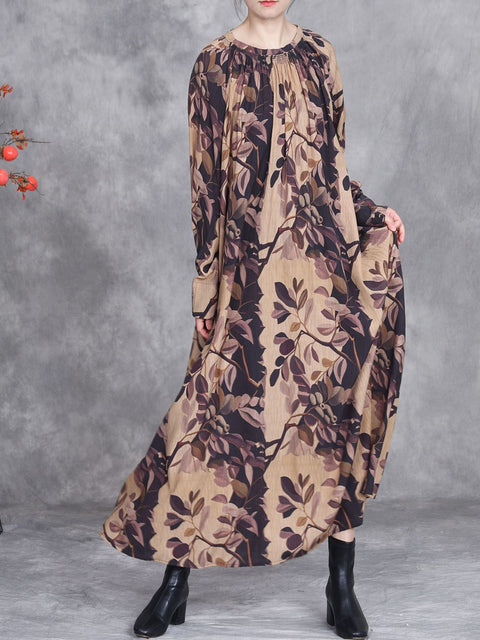 Women Spring Artsy Flower O-Neck Loose Dress