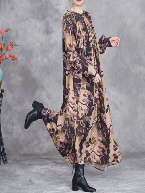 Women Spring Artsy Flower O-Neck Loose Dress