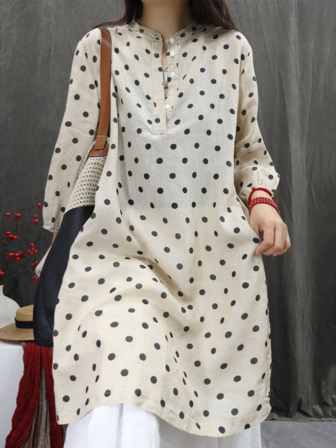 Women Spring O-Neck Dot 100%Ramie Shirt Dress