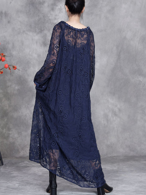 Women Spring Artsy Lace Flower O-Neck Loose Dress