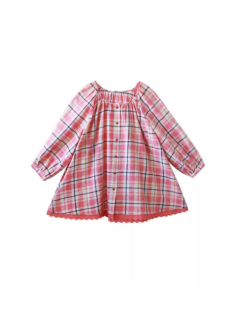 Women Spring Cotton Plaid Lace O-Neck Shirt