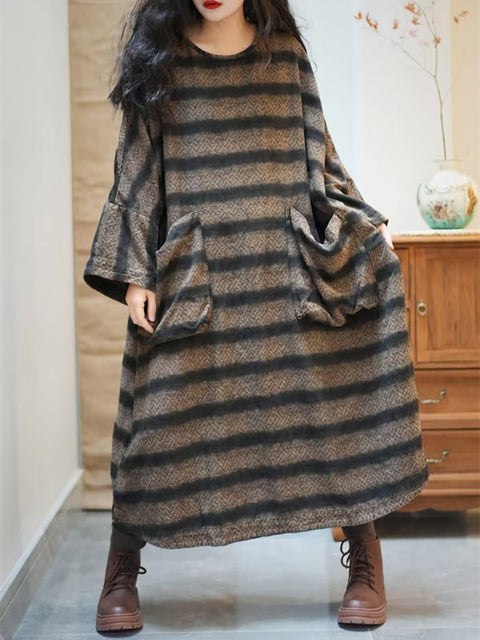 Women Spring Vintage Stripe Pocket O-Neck Loose Dress