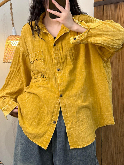 Women Spring Cotton Pure Color Turn-down Collar Shirt