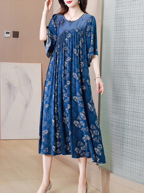 Women Spring Ethnic Floral Spliced O-Neck Loose Dress