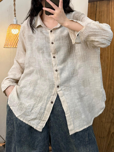 Women Spring Turn-Down Collar Jacquard Linen Shirt