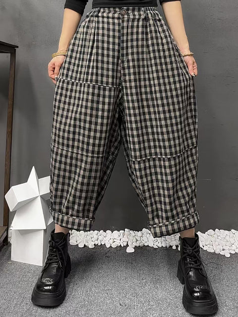 Women Vinage Spring Plaid Harem Pants