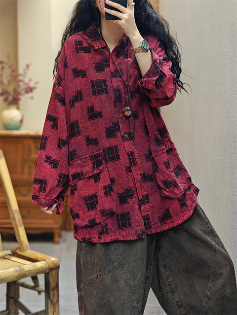 Women Spring Vintage Irregular Geometric Print Cotton Shirt