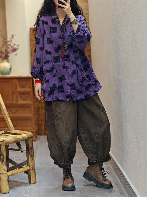 Women Spring Vintage Irregular Geometric Print Cotton Shirt