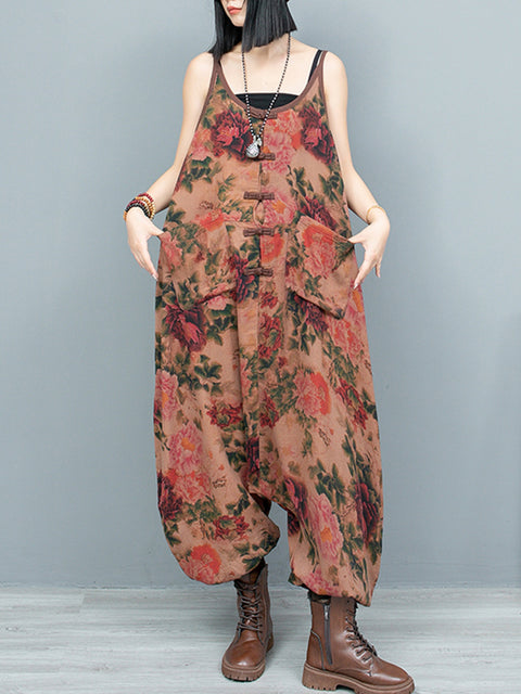 Women Spring Vintage Flower Loose Jumpsuits