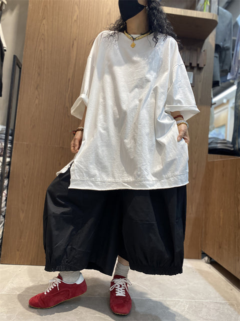 Women Casual Pure Color O-Neck Cotton Loose Shirt