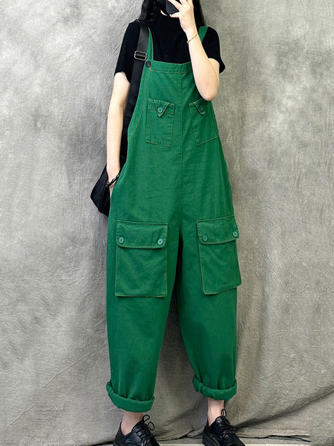 Women Spring Vintage Pure Color Loose Jumpsuits