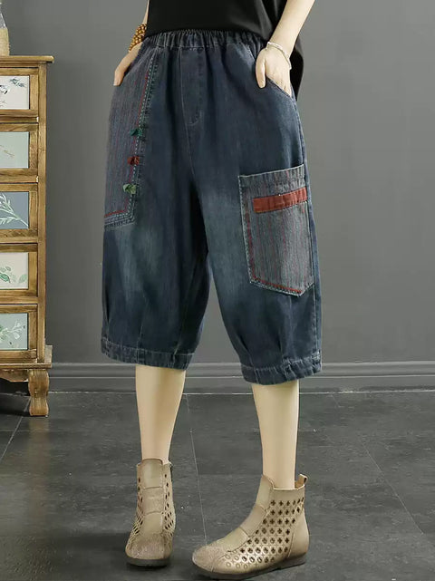 Dámské střední kalhoty Retro Patch Spliced Denim Harem