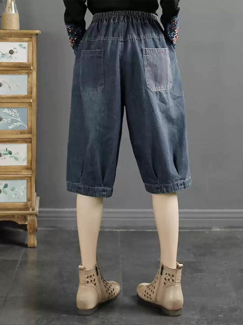 Dámské střední kalhoty Retro Patch Spliced Denim Harem