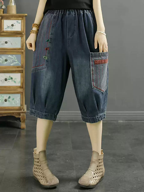 Dámské střední kalhoty Retro Patch Spliced Denim Harem