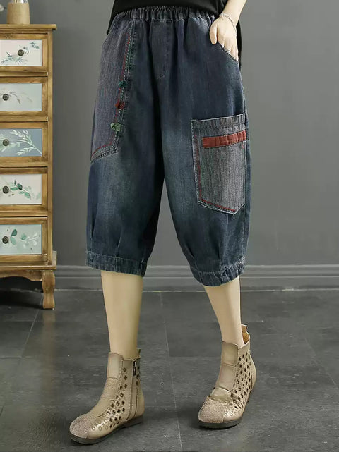 Dámské střední kalhoty Retro Patch Spliced Denim Harem