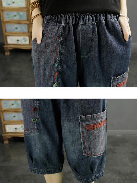 Dámské střední kalhoty Retro Patch Spliced Denim Harem