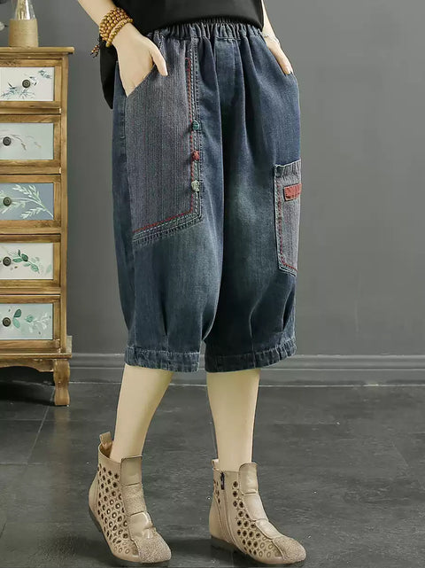 Dámské střední kalhoty Retro Patch Spliced Denim Harem