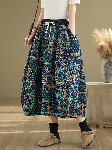 Women Spring Ethnic Flower A-Shape Denim Skirt