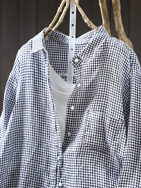 Women Artsy Lattice 100%Linen Turn-down Collar Shirt