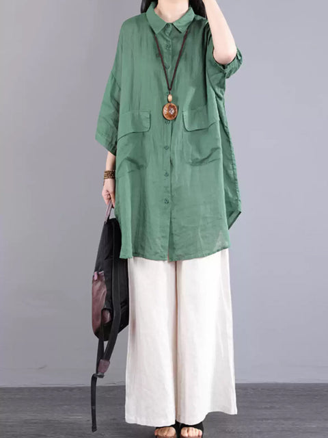 Women Summer Pure Color Ramie Long Shirt