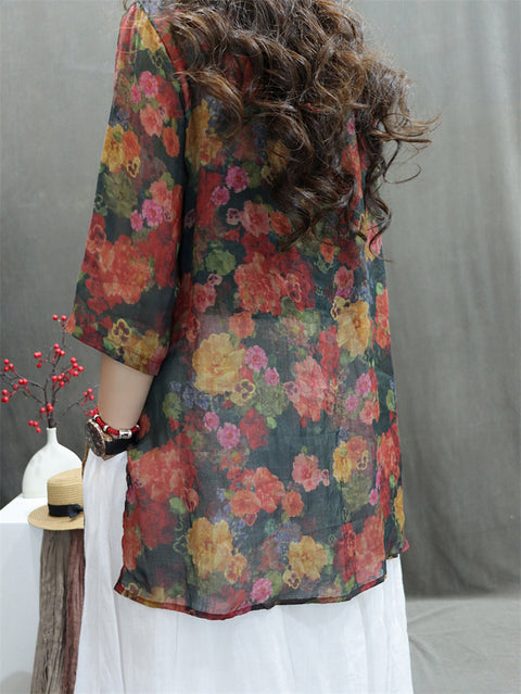 Women Spring Vintage O-Neck Flower 100%Ramie Shirt