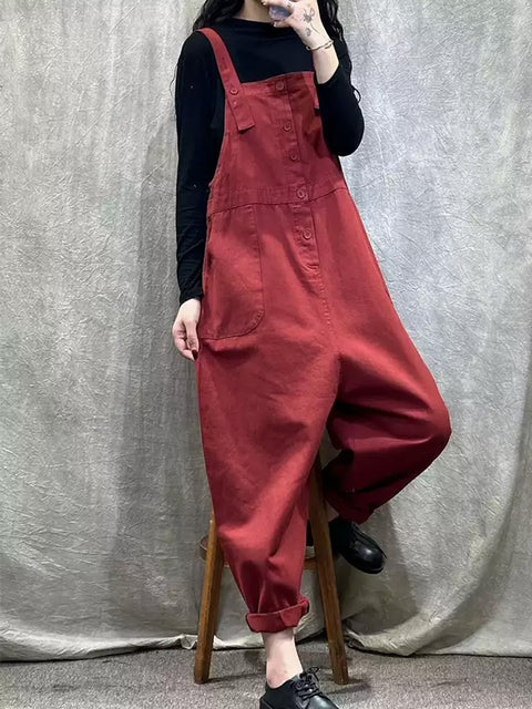 Women Spring Casual Pure Color Loose Jumpsuits