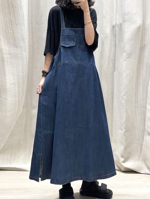 Dámské jarní šaty Pure Color Denim Maxi Suspender